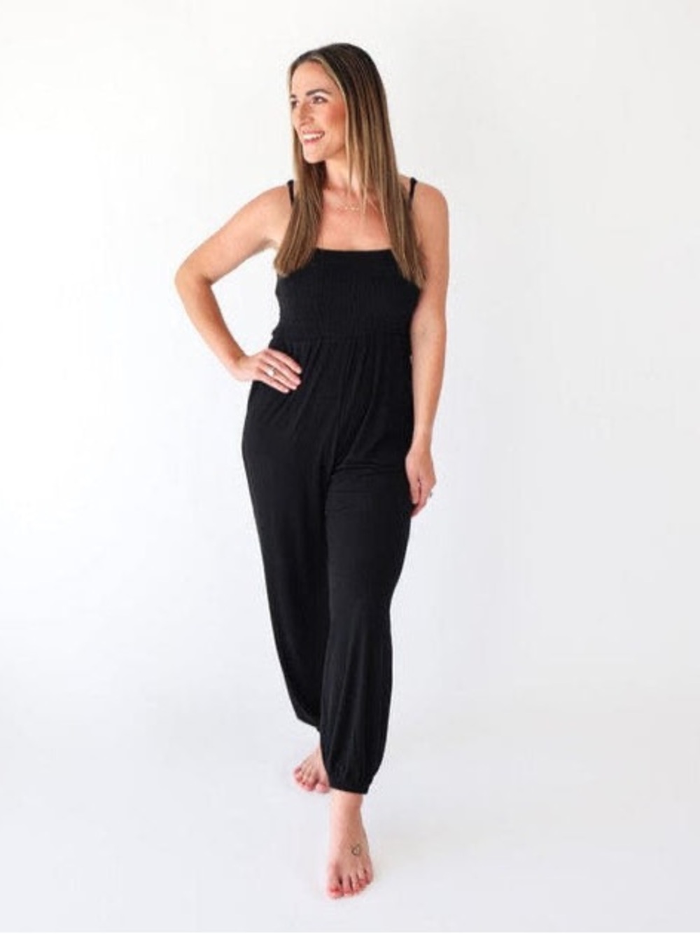 Posh peanut Bamboo Smocked Spaghetti Jumpsuit - Black Ribbed size L